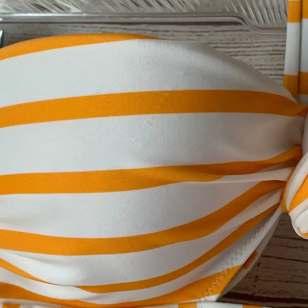 Shade & Shore Yellow and White Stripe Bikini Top Front Keyhole Halter Straps 34A